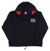 Tmavomodrá prepínaci tepláková mikina s nápismi a lietadlom  a kapucňou