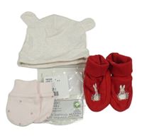Nové - 3Set - Svetlobéžová melírovaná rebrovaná čapica s uškami H&M + světlerůžové rukavice s kytičkami Next + červené bačkory s králíčkem - Peter Rabbit vel. 16