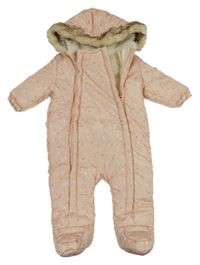 Světlerůžová šusťáková zimní kombinéza s hvězdičkami a kapucí s kožešinou F&F