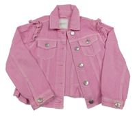 Růžová riflová crop bunda s volánky a límečkem Next