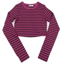 Tmavorůžovo/hnědé pruhované žebrované crop triko 
