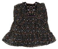 Čierne žoržetové šaty s kvietkami a volánikmi Matalan