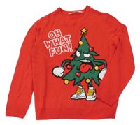 Červený pletený sveter s vánočním stromčekom H&M