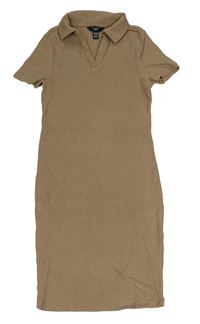 Hnedé rebrované elastické polo šaty New Look
