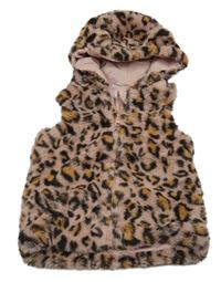 Staroružová kožušinová zateplená vesta s leopardím vzorom a kapucňou M&Co.