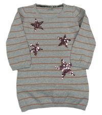 Šedo-starorůžové pruhované svetrové šaty s hvězdami z flitrů Next