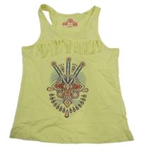 Žltý top s potlačou a strapcemi Alive