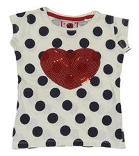 Biele bodkovaná é tričko so srdcem z flitrů