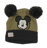 Zelenošedo-tmavošedá pletená čepice s Mickeym a bambulemi