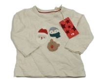 Nové - smetanové melírované triko s vánočními obrázky Mothercare