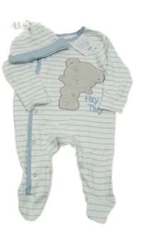 Nové - 2 set - bílo-modrý pruhovaný overal s medvědem + čepice