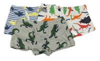 3x boxerky - šedé s diny + bílo-barevné + modré pruhované s diny 