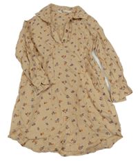 Béžové košeľové kvetované šaty s golierikom H&M