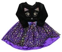 -Kockovaným Čierno-fialové šaty s mačkou