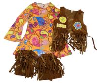 Kockovaným - 3set - Oranžovo-farebná šatová tunika + hnedá semišová vesta s strapcemi a nášivkami + návleky s třásněmi - Hippie
