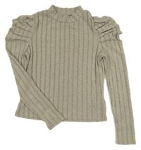 Béžové žebrované úpletové crop triko s nařasenými rukávy Shein