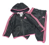 2set - Šedo-neonově růžová sametová propínací mikina s logem a kapucí + tepláky Adidas