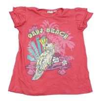 Fuchsiové tričko s papouškem a volánikmi