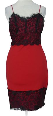 Dámske červeno-čierne púzdrové šaty s čipkou