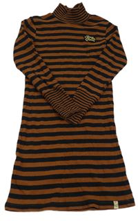 Hnědo-černé pruhované bavlněné šaty s nášivkou 