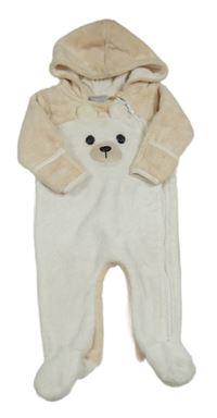 Béžovo-biela chlpatá kombinéza s medvedíkom a kapucňou Baby Mack