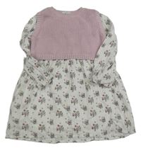 Bílé žebrované šaty s kytičkami a světlerůžovým svetrovým bolérkem PRIMARK