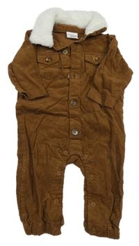 Hnedý menšestrový overal s chlpatým golierikom