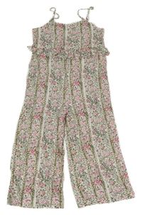 Bielo-kaki-ružový kvetovaný culottes overal Pepe Jeans