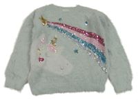 Světlemodrý chlupatý svetr s jednorožcem a duhou z flitrů F&F