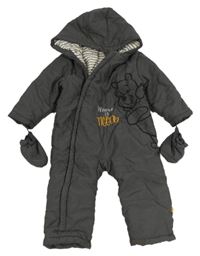 Sivá šušťáková zimná kombinéza s medvídkem Pú a kapucí + rukavice Disney