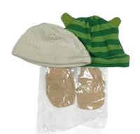 Nové - 3set - Smetanová čepice + zelená pruhovaná čepice + béžové rukavice 