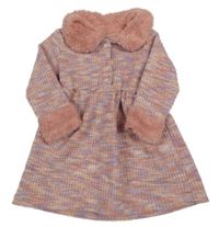 Růžovo-fialové vzorované svetrové šaty s límečkem 