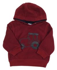 Červená fleecová mikina s traktorem a kapucí Topomini