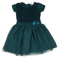 Tmavozelené sametovo/tylové šaty s mašlí Dopodopo