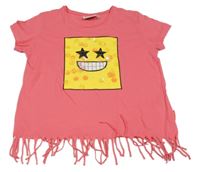 Růžové crop tričko se smajlíkem a třásněmi Emoji