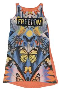 Oranžovo-farebné šaty s motýly a nápisom Y.F.K.