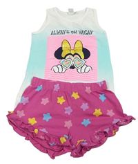 2Set- Bílo-modrý top s Minnie Disney + tmavorůžové kraťasy s hvězdičkami a volánky 