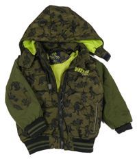 Khaki-černý prošívaný šusťákový zimní bomber s dinosaury a pruhy a odepínací kapucí Kiki&Koko