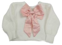 Biely rebrovaný sveter s ružovou mašlou SHEIN