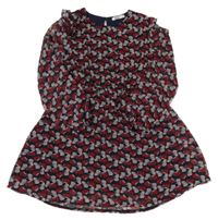 Tmavomodro-bordó-bílo/světlešedé pruhované vzorované žoržetové šaty GÉMO