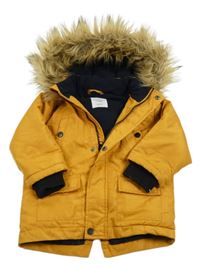 Horčicová šušťáková zimná parka s kapucí kožešinou sinsay