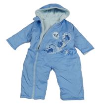 Modrá šusťáková zimní kombinéza s tučňáky a kapucí