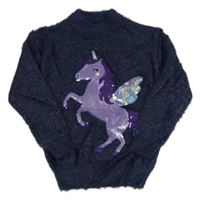 Tmavomodrý chlupatý svetr s jednorožcem z flitrů a třpytkami C&A