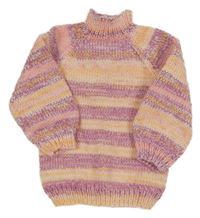 Fialovo-brosvkovo-ružovo-žltá pruhovaný melírovaný pletený rolák