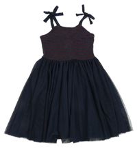 Tmavomodré šaty s tylem a červenými třpytivými pruhy PETIT BATEAU
