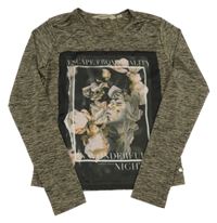 Béžovo-čierne melírované tričko s růžemi a nápismi GARCIA JEANS