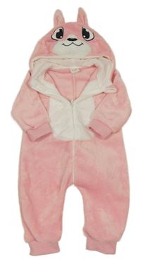 Růžovo-bílá plyšová kombinéza s kapucí - zajíček