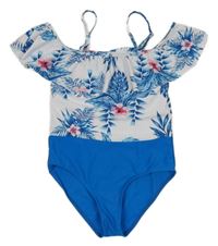 Bílo-modré jednodílné plavky s lístečky a květy a volánkem SHEIN