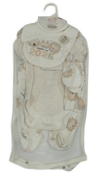 Nové - 5Set - Smetanový overal se zvířátky + bryndák + čepice + rukavice + pruhovaný overal 