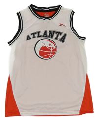 Bielo-červené športové basketbalové tielko s loptou a nápisom a číslom